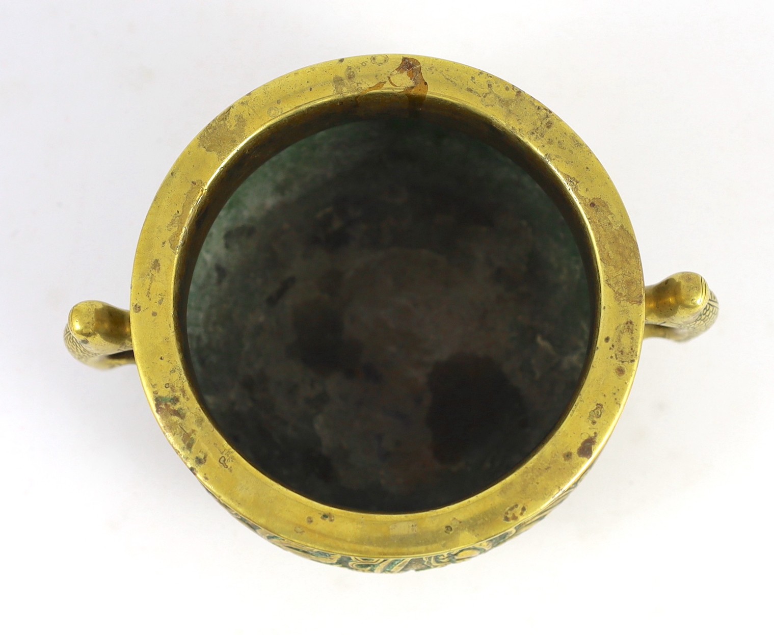 A Chinese polished bronze ‘Buddhist lion’ censer, gui, 19th century, 19.5cm wide, rim diameter 14cm